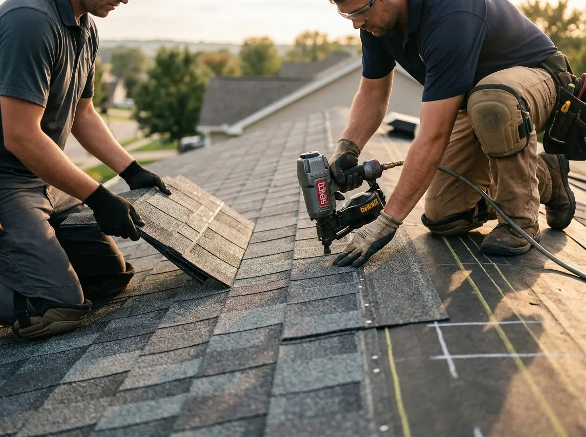 Professional roofer working on a residential roof in Beacon Falls